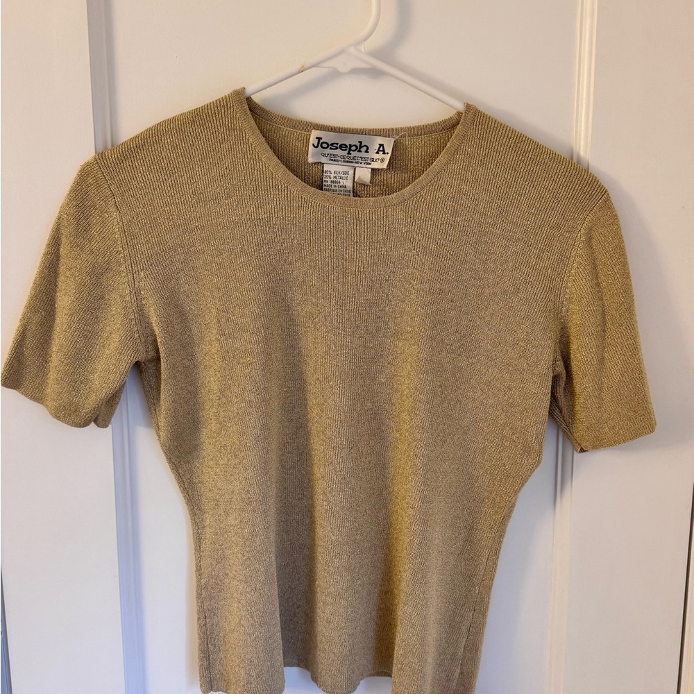 Vintage Joseph A. Silk Gold Metallic snug knit cropped T shirt Top Sz S